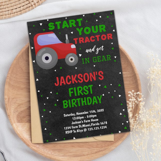 Tractor Invitation, Tractor Birthday Invitation (Gray Red Tractor Birthday Invitations)
