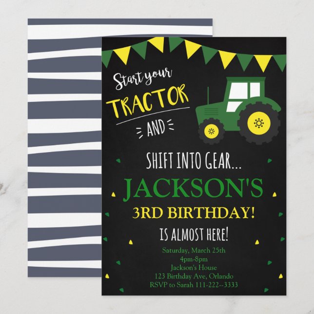 Tractor Invitation, Tractor Birthday Invite (Front/Back)
