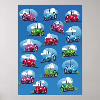 Tractor Pattern (Blue Background) Poster