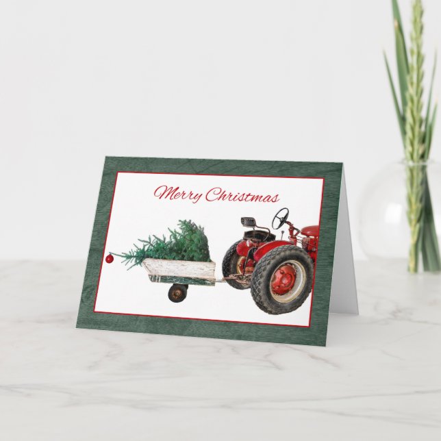 Tractor With Trailer Hauling Christmas Tree Card (Front)