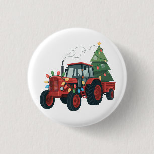 Tractor with Trailer Santa Farm Farmer Christmas 1 Inch Round Button