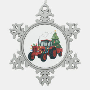 Tractor with Trailer Santa Farm Farmer Christmas Snowflake Pewter Christmas Ornament