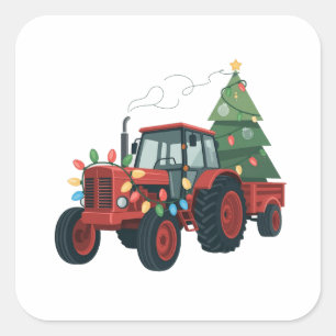 Tractor with Trailer Santa Farm Farmer Christmas Square Sticker