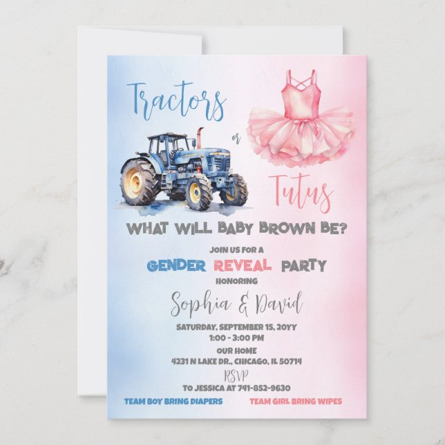 Tractors or Tutus Gender Reveal Party Invitation (Front)