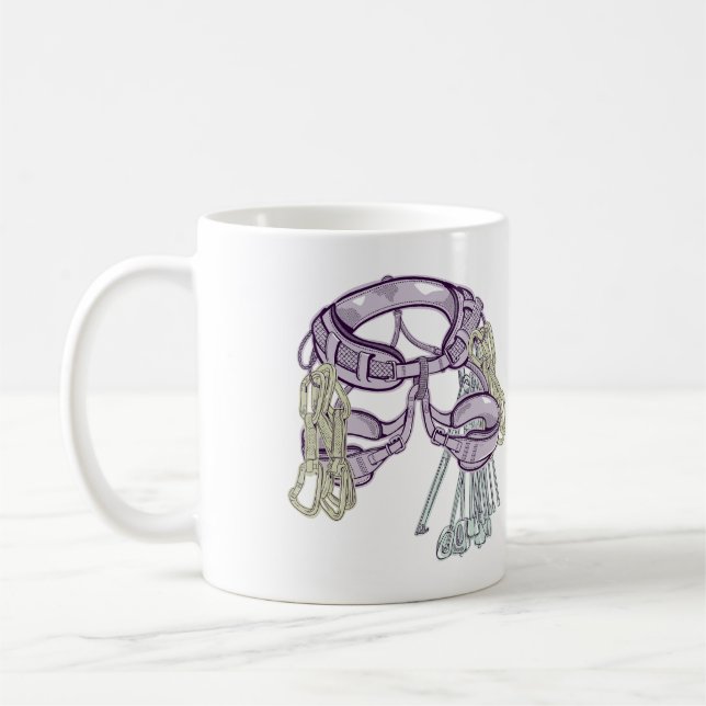Trad climbing harness and equipment coffee mug (Left)