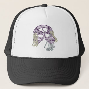 Trad climbing harness and equipment trucker hat