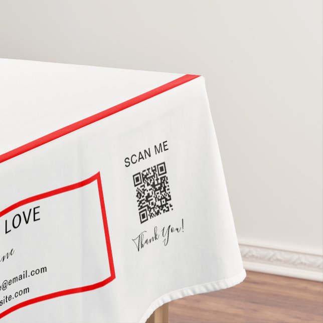 Trade Show White Red 52 x 70 QR Code Tablecloth (In Situ)