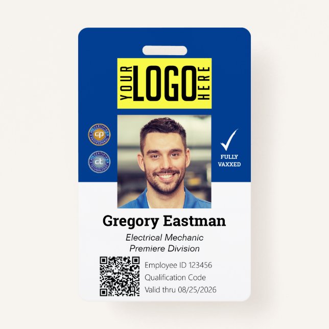 Tradesman Photo ID Vaccine QR Code Blue Badge (Front)