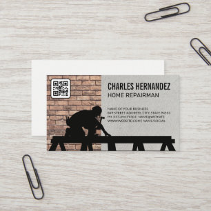 Tradesman Working on Roof   Brick Wall   QR Code Business Card