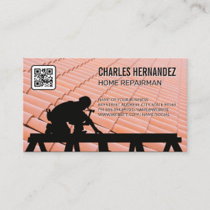 Tradesman Working on Roof   Shingles   Qr code Business Card