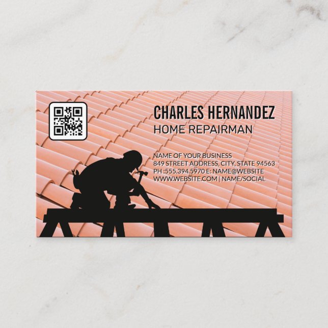 Tradesman Working on Roof | Shingles | Qr code Business Card (Front)