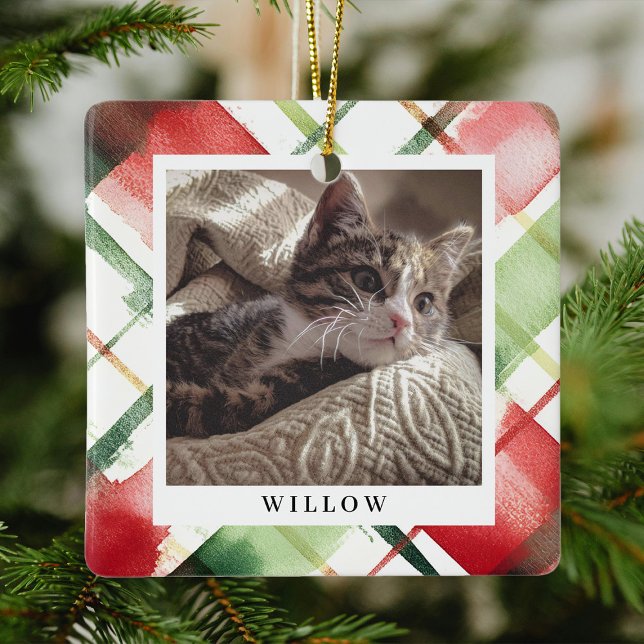 Tradiational Festive Plaid Pet Photo Christmas Ceramic Ornament (Creator Uploaded)