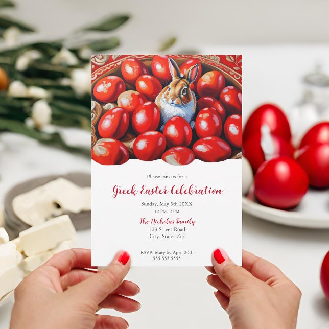 Tradition Red Eggs With Rabbit  Invitation (Greek Easter invitation featuring red eggs and a cheerful bunny.)