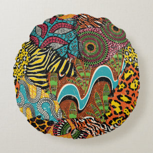 Traditional african fabric and wild animal skins p round pillow