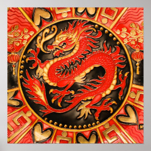 Traditional Ancient Chinese Dragon Red Gold Golden Poster