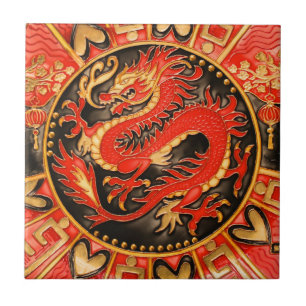 Traditional Ancient Chinese Dragon Red Gold Golden Tile