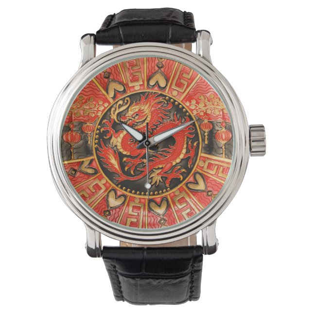 Traditional Ancient Chinese Dragon Red Gold Golden Watch (Front)
