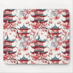 Traditional Asian Architecture with Botanicals Mouse Pad