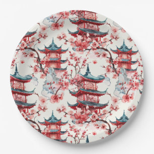 Traditional Asian Architecture with Botanicals Paper Plate