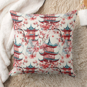 Traditional Asian Architecture with Botanicals Throw Pillow