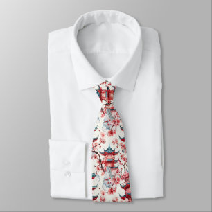 Traditional Asian Architecture with Botanicals Tie