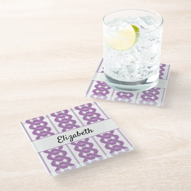 Traditional Asian Chain Pattern with Name Glass Coaster (Angled)