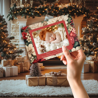 Traditional Baby’s 1st Christmas Red Floral Photo Holiday Card