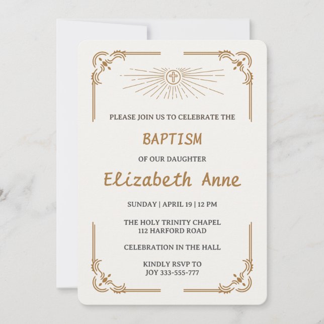 Traditional Baptism for Daughter Gold Cross Invitation (Front)