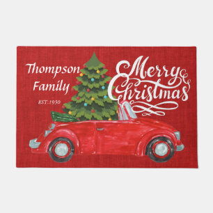 Traditional beautiful red burlap l red truck name  doormat