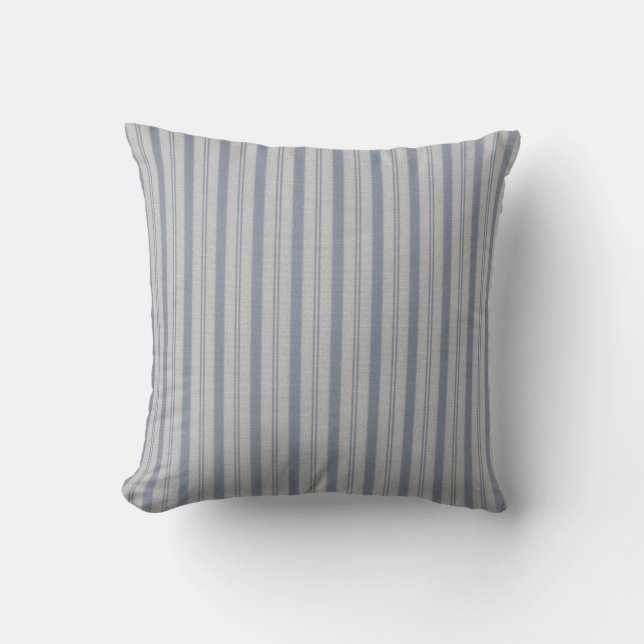Traditional Bed Ticking Blue and White Throw Pillow (Front)