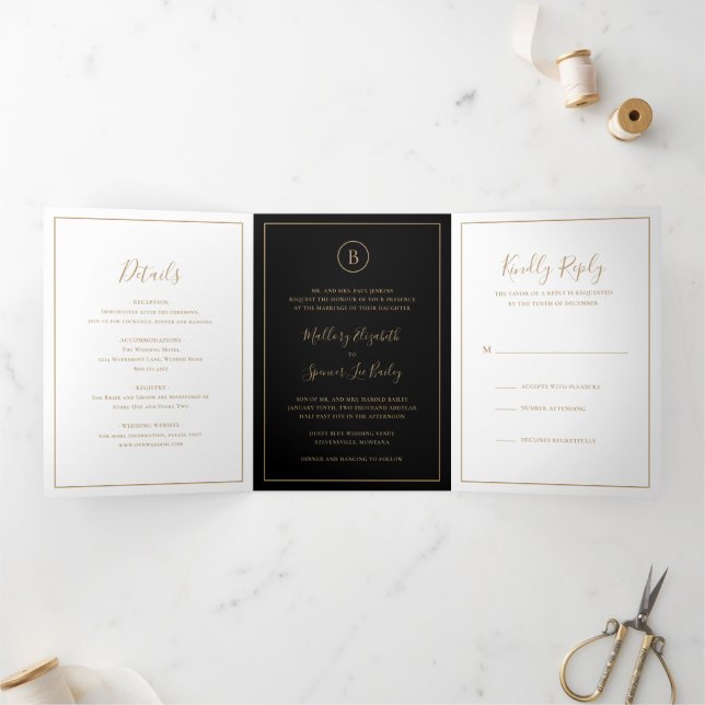 Traditional Black and Gold Elegant Wedding Tri-Fold Invitation (Inside)