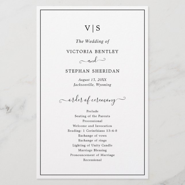 Traditional Black and White Budget Wedding Program (Front)