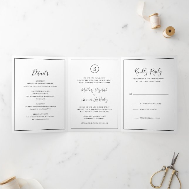 Traditional Black and White Elegant Wedding Tri-Fold Invitation (Inside)