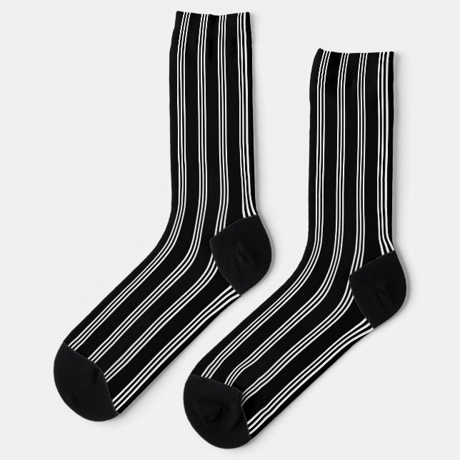 Traditional Black and White Triple Vertical Stripe Socks (Left)