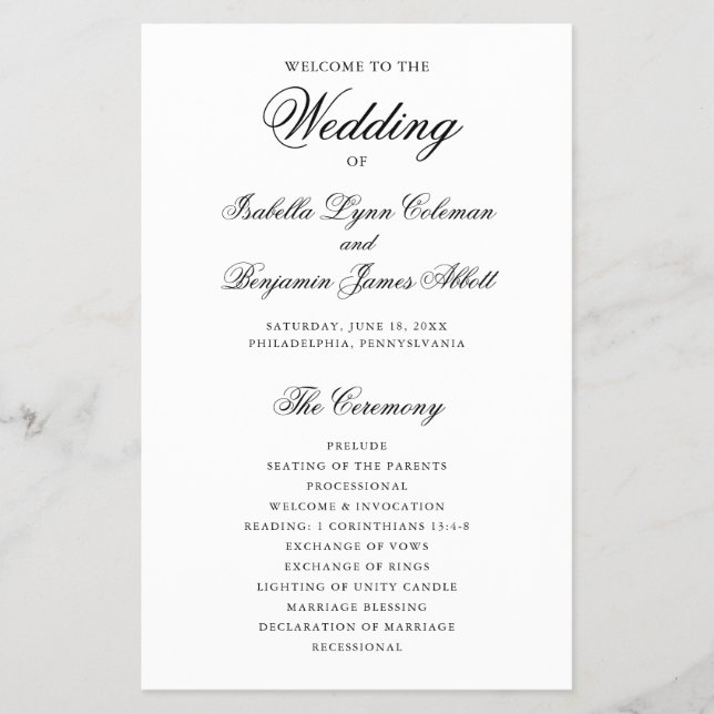 Traditional Black and White Wedding Program (Front)