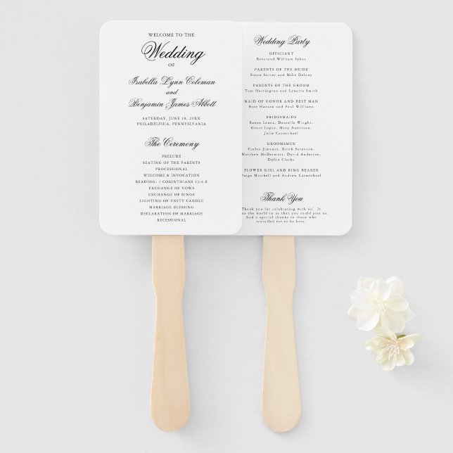 Traditional Black and White Wedding Program Hand Fan (Front and Back)