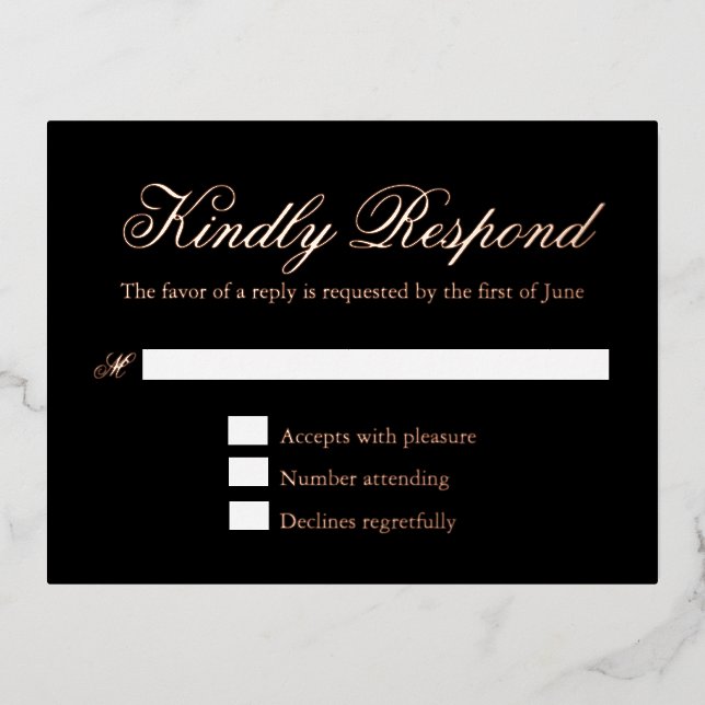 Traditional Black Formal Wedding Foil RSVP Card (Front)