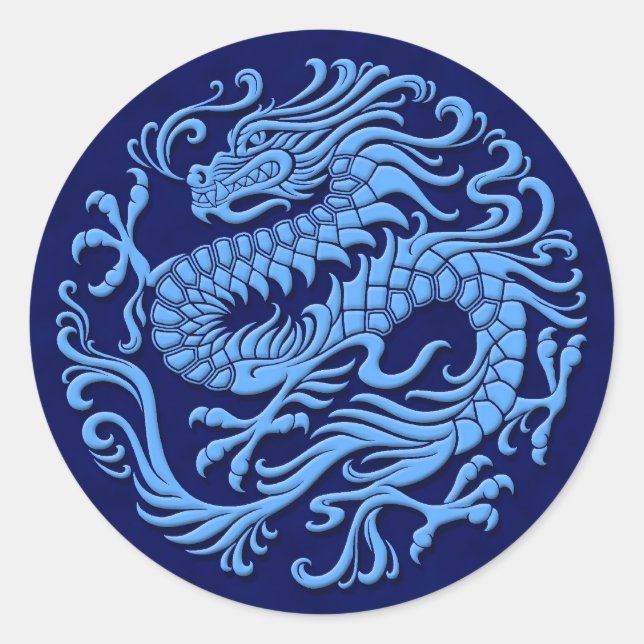 Traditional Blue Chinese Dragon Circle Classic Round Sticker (Front)
