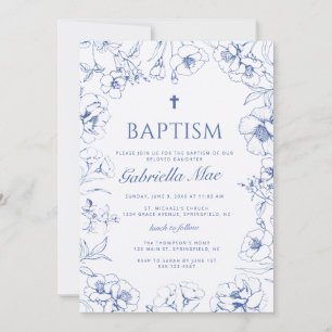 Traditional Blue Floral Baptism Invitation