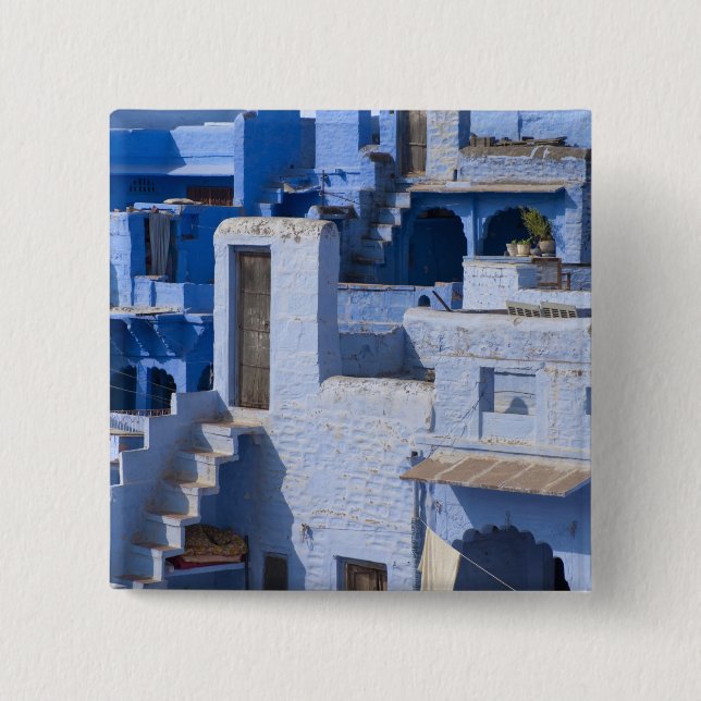 Traditional blue painted house, Jodphur 2 Inch Square Button (Front)