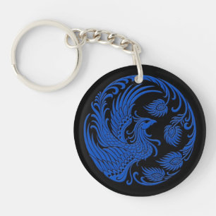 Traditional Blue Phoenix Circle on Black Keychain