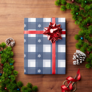 Traditional blue white gingham plaid snowflakes wrapping paper