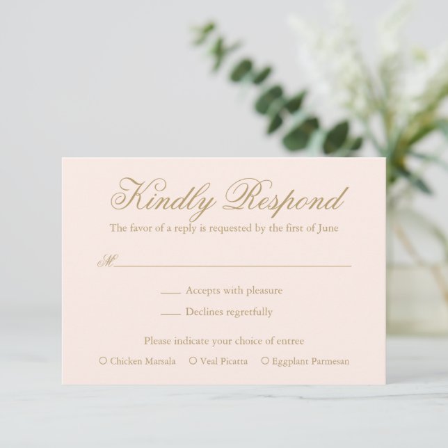 Traditional Blush Pink Formal Elegant Wedding RSVP Card (Standing Front)