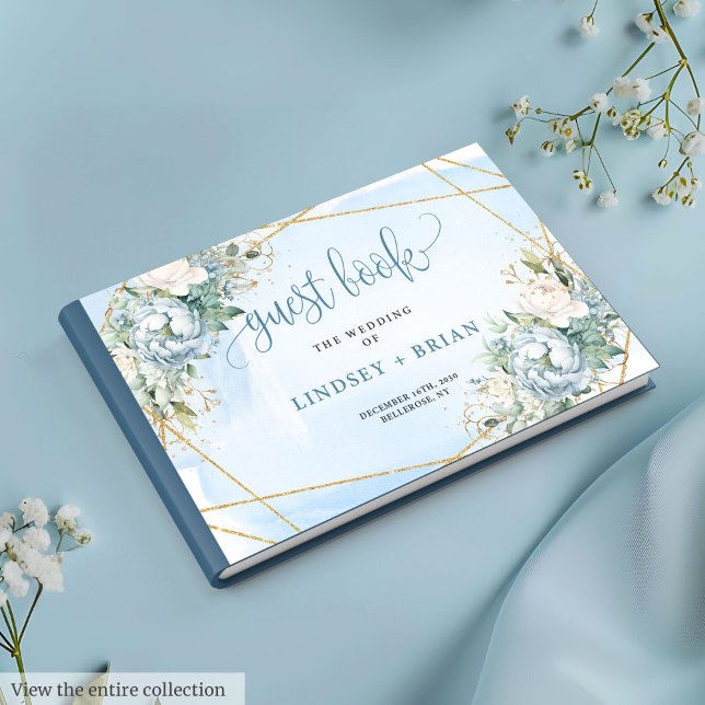 Traditional Boho Dusty Blue Floral Gold Wedding Guest Book (Traditional Dusty Blue Floral Gold Wedding Guest Book

)