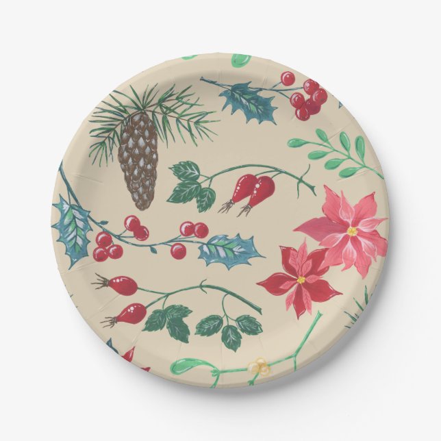 Traditional Botanical Christmas (beige) Paper Plate (Front)
