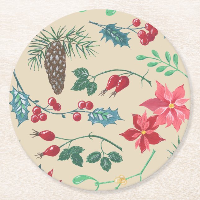 Traditional Botanical Christmas (beige) Round Paper Coaster (Front)
