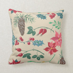 Traditional Botanical Christmas (beige) Throw Pillow