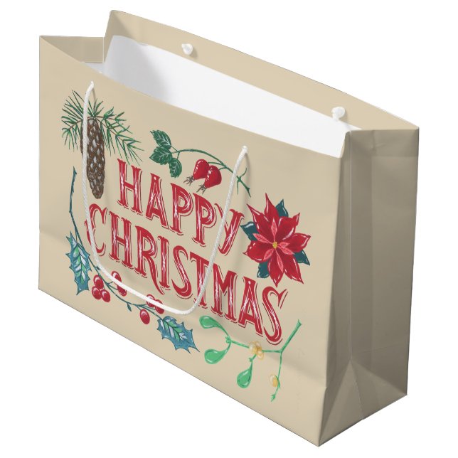 Traditional Botanical Christmas Large Gift Bag (Front Angled)