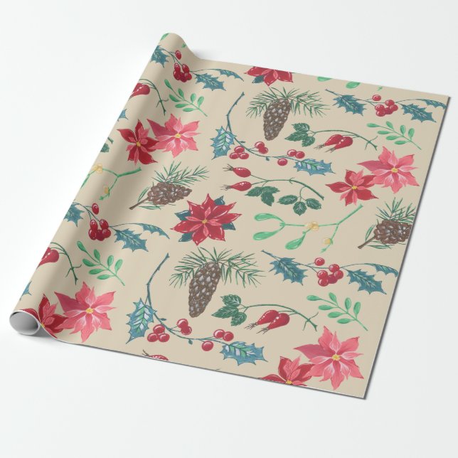 Traditional Botanical Christmas Wrapping Paper (Unrolled)