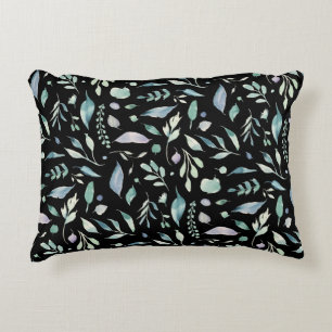 Traditional Botanical Leaf Pattern Blues on Black Accent Pillow